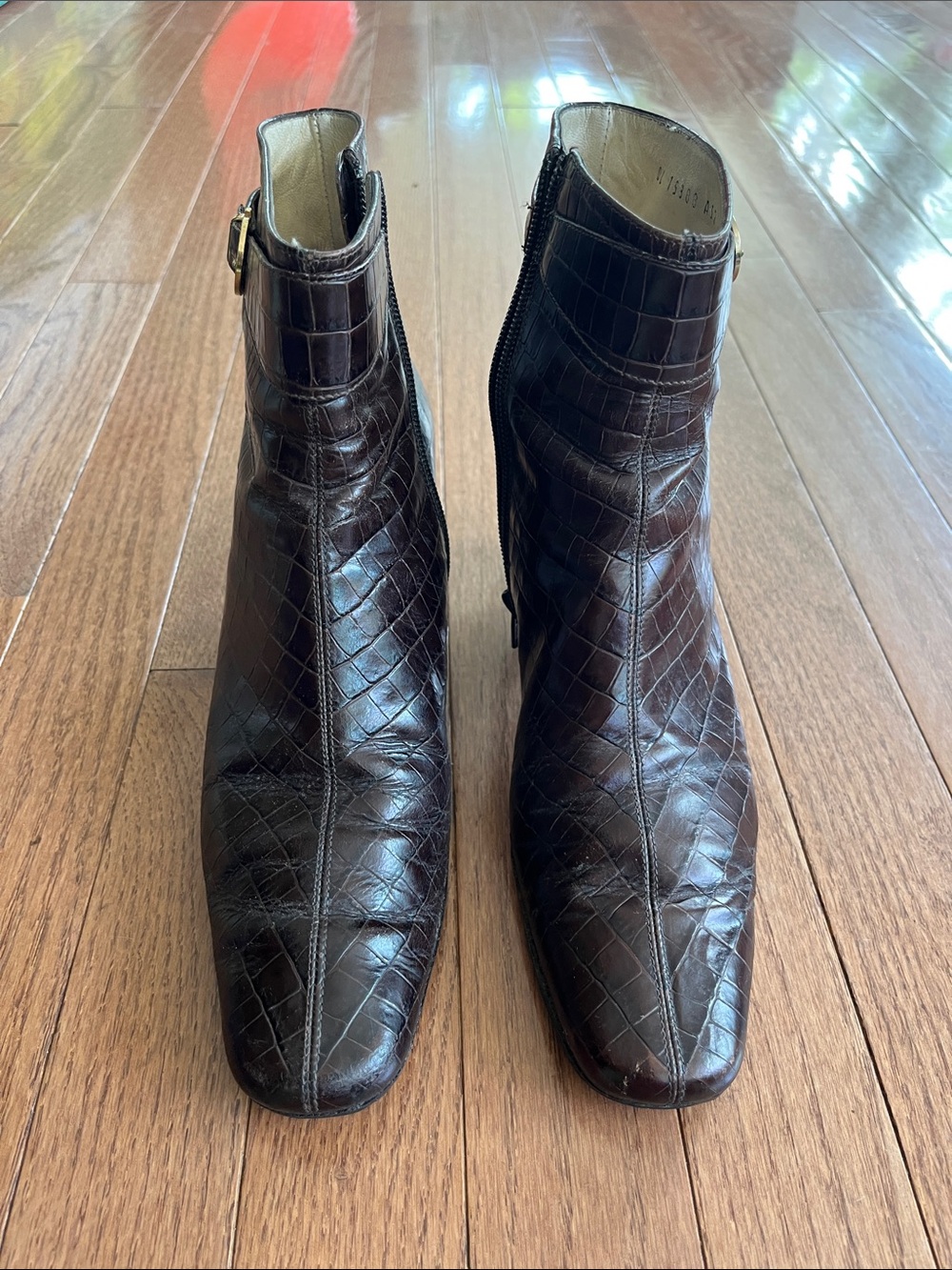 Salvatore Ferragamo Dark Brown Croc-Embossed Leather Chukka Boots